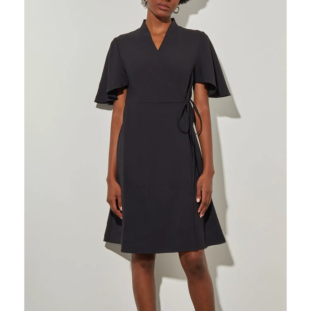 Ming Wang Butterfly Sleeve Crepe de Chine Wrap Dress Black Knee Length Womens L